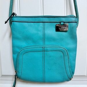 Tignanello Aqua Blue/Green Leather Crossbody Bag with Wallet Compartment. 8” x9”
